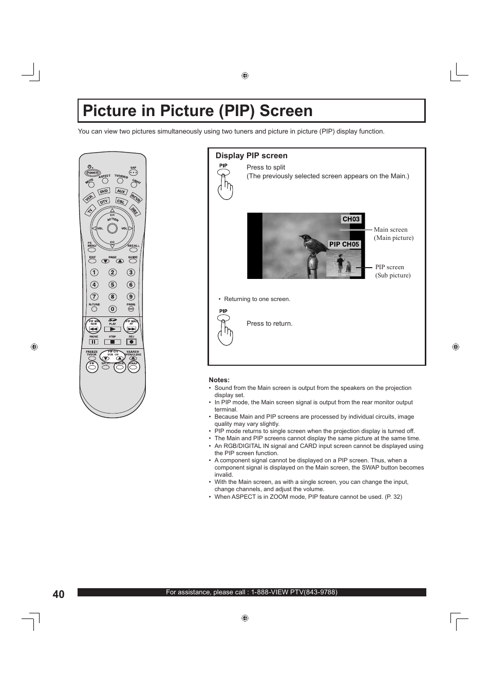 Picture in picture (pip) screen | Panasonic PT-60LC13 User Manual | Page 40 / 80