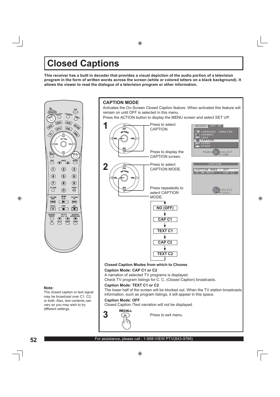 Closed captions | Panasonic PT-60LC13 User Manual | Page 52 / 80