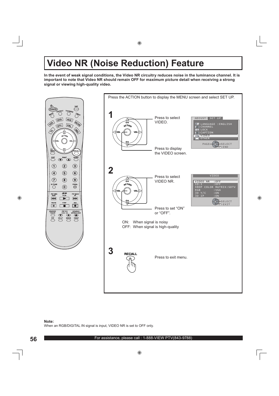 Video nr (noise reduction) feature | Panasonic PT-60LC13 User Manual | Page 56 / 80