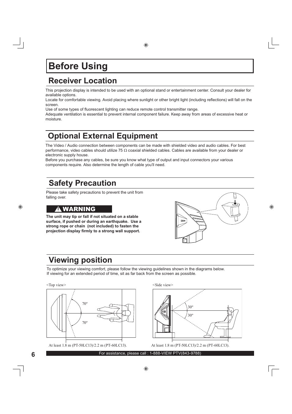Before using, Receiver location, Optional external equipment | Safety precaution, Viewing position | Panasonic PT-60LC13 User Manual | Page 6 / 80