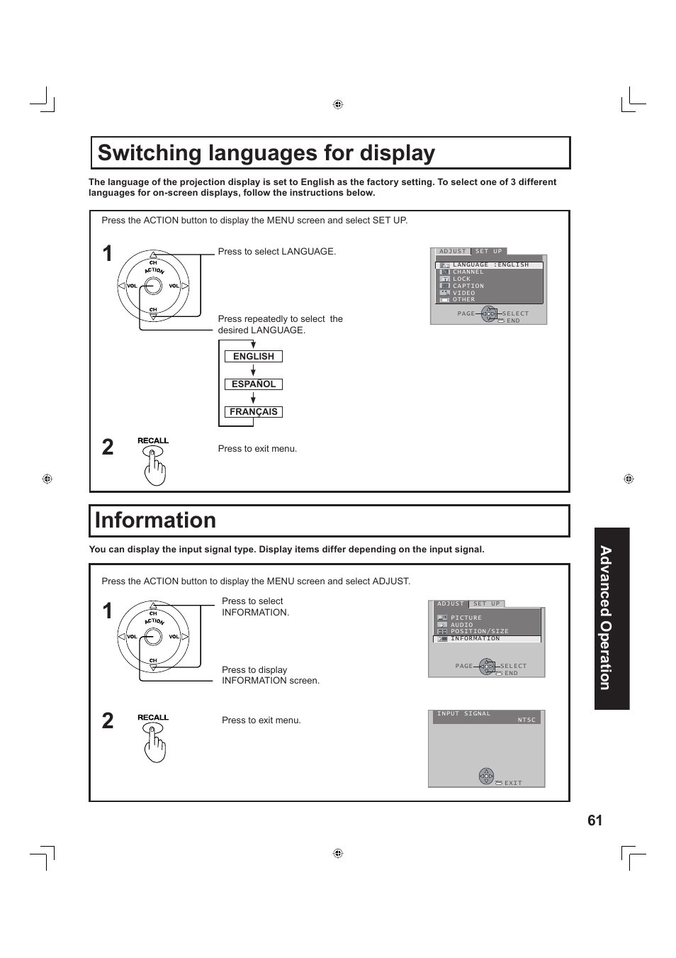 Switching languages for display, Information, 61 advanced op er a tion | Panasonic PT-60LC13 User Manual | Page 61 / 80