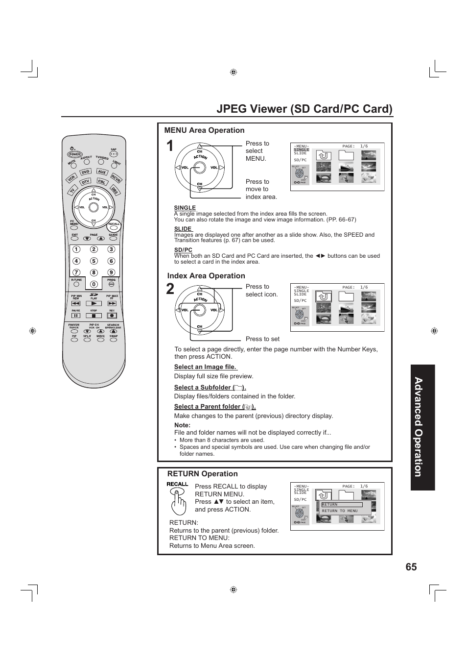 Jpeg viewer (sd card/pc card), 65 advanced op er a tion | Panasonic PT-60LC13 User Manual | Page 65 / 80
