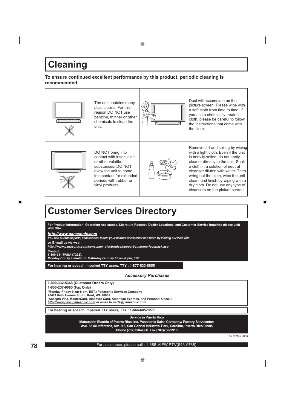 Cleaning, Customer services directory, Customer services directory clean ing | Panasonic PT-60LC13 User Manual | Page 78 / 80
