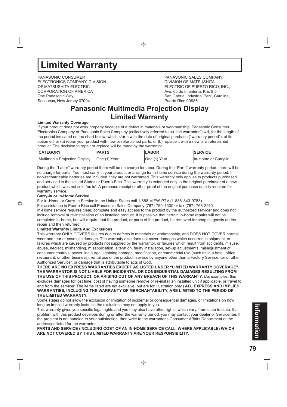 Limited warranty, 79 information | Panasonic PT-60LC13 User Manual | Page 79 / 80