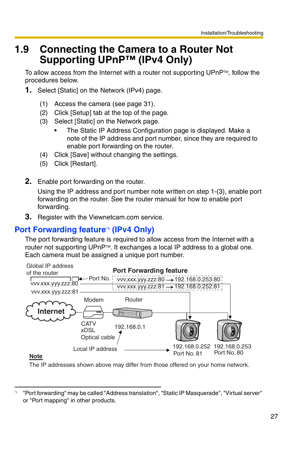 Port forwarding feature, Ipv4 only), Internet | Panasonic BB-HCM331 User Manual | Page 27 / 64