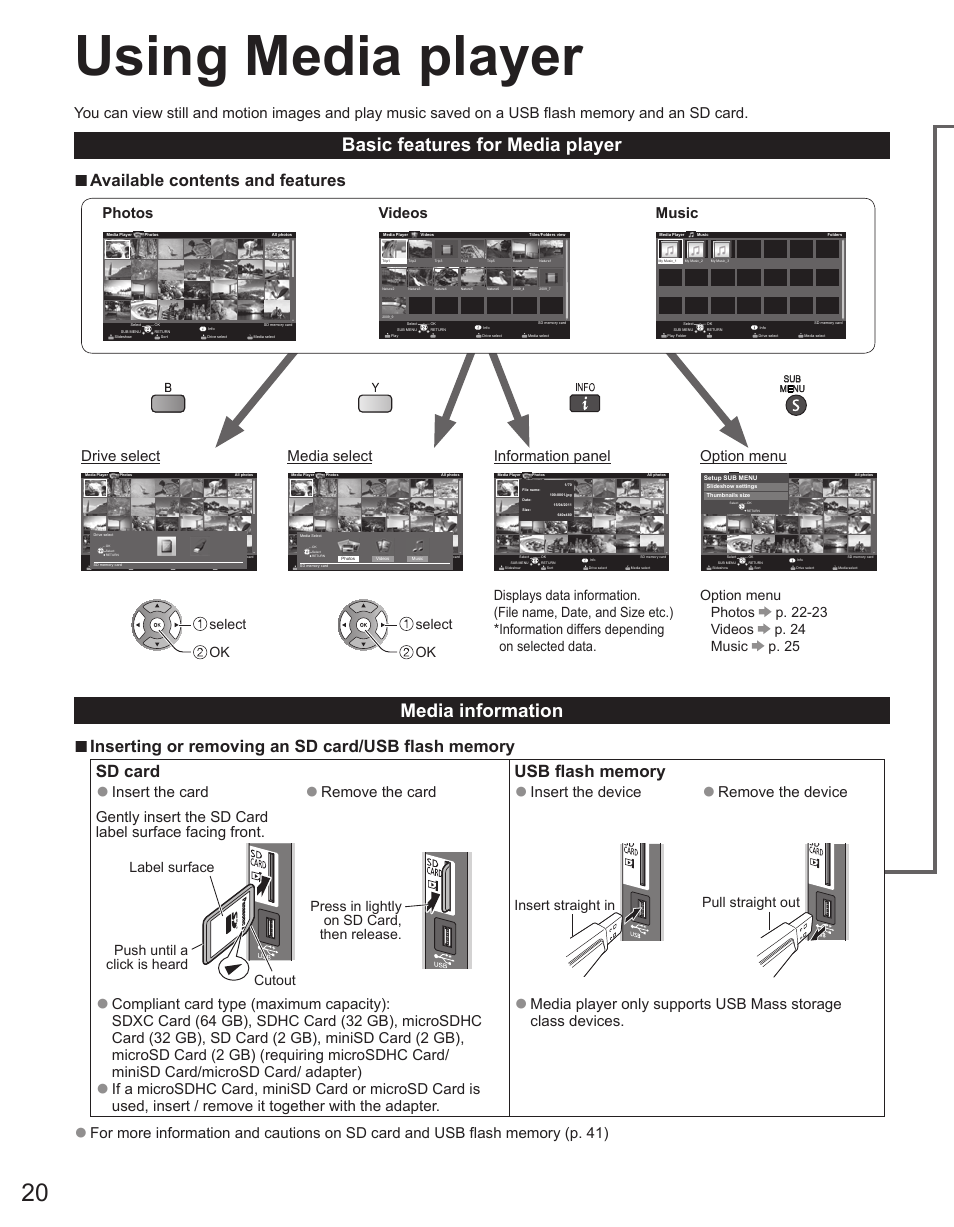 Using media player, Iewing from sd card (p. 20-25), Basic features for media player | Media information, Available contents and features, Photos, Videos, Music, Drive select, Media select | Panasonic TC-32LX44 User Manual | Page 20 / 52