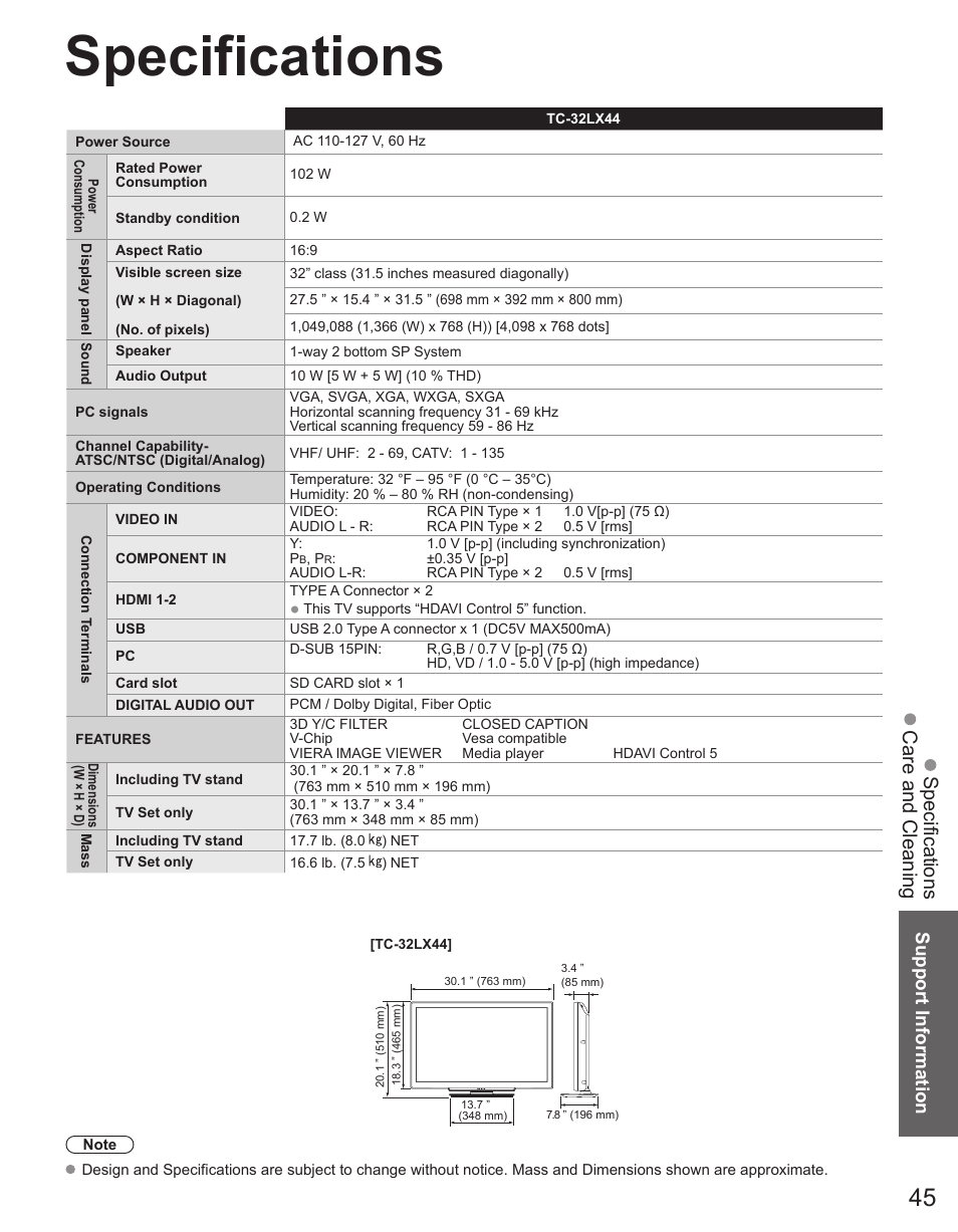 Care and cleaning, Specifications, Support information | Panasonic TC-32LX44 User Manual | Page 45 / 52
