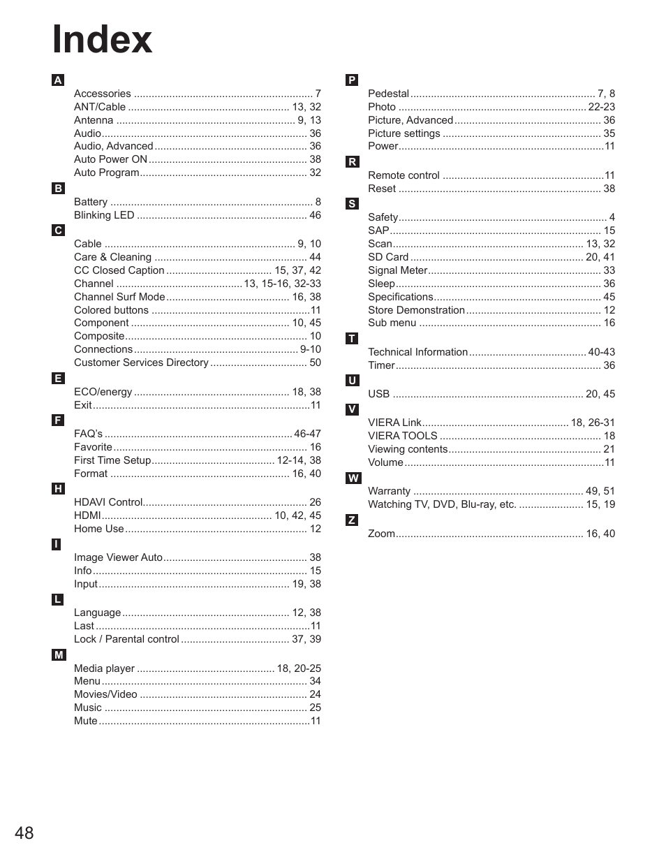Index | Panasonic TC-32LX44 User Manual | Page 48 / 52
