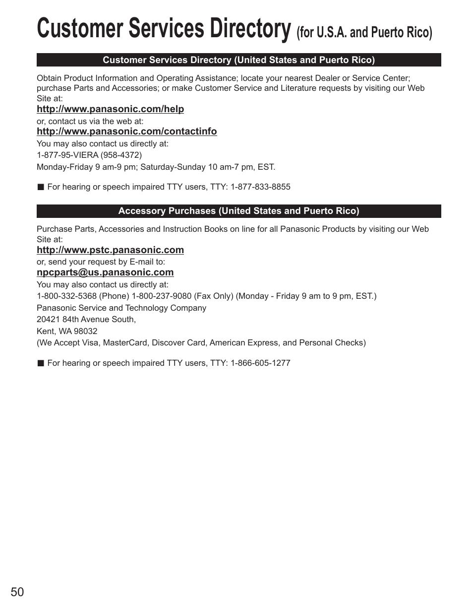 Customer services directory, For u.s.a. and puerto rico) | Panasonic TC-32LX44 User Manual | Page 50 / 52
