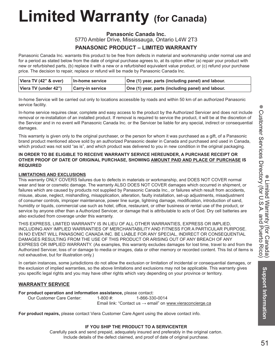 Limited warranty (for canada), Limited warranty, For canada) | Panasonic TC-32LX44 User Manual | Page 51 / 52