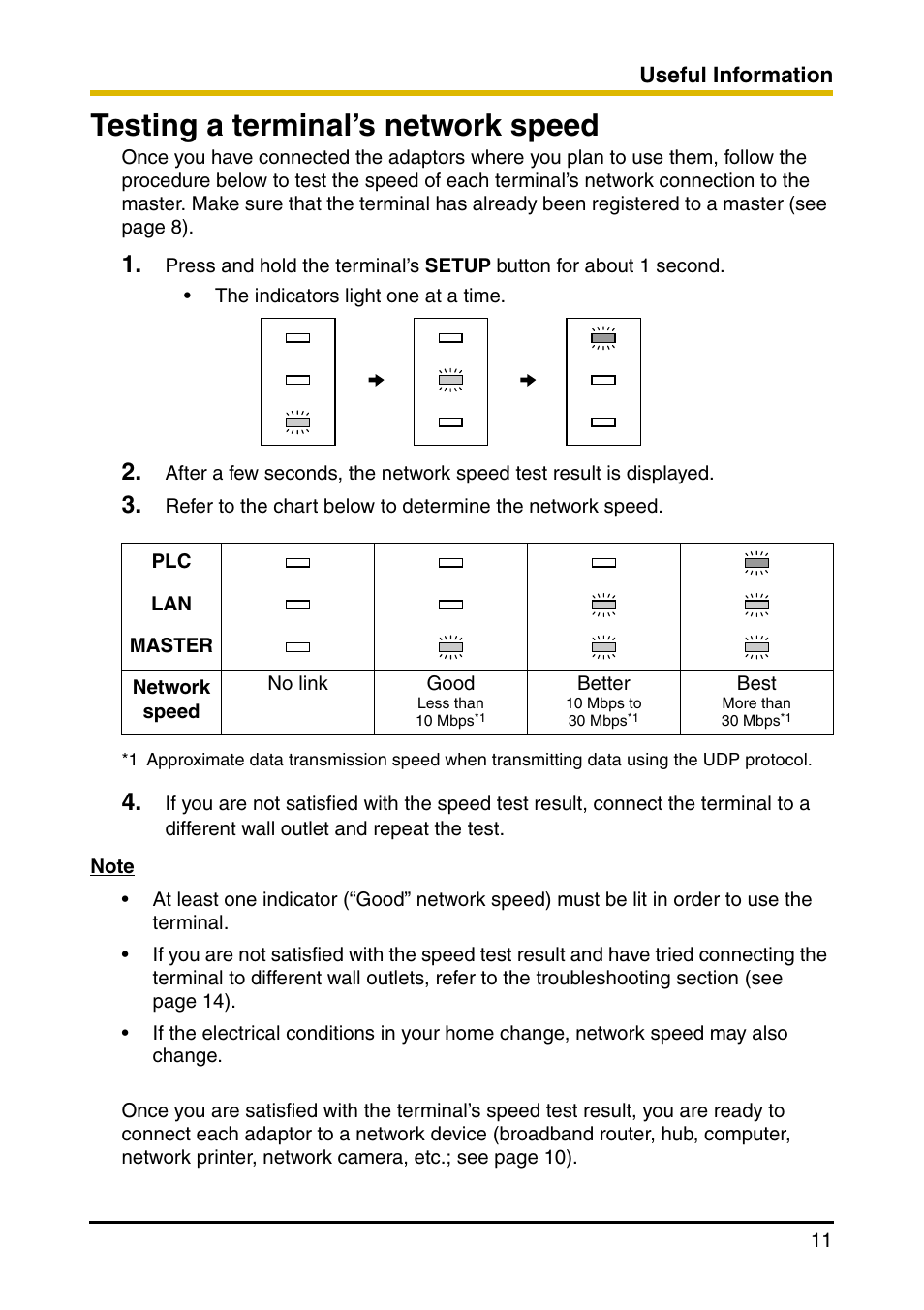 Useful information, Testing a terminal’s network speed | Panasonic BL-PA100 User Manual | Page 11 / 20