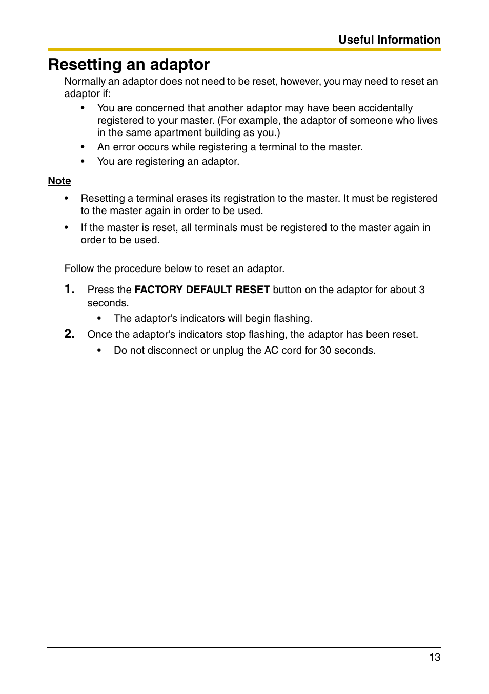 Resetting an adaptor | Panasonic BL-PA100 User Manual | Page 13 / 20