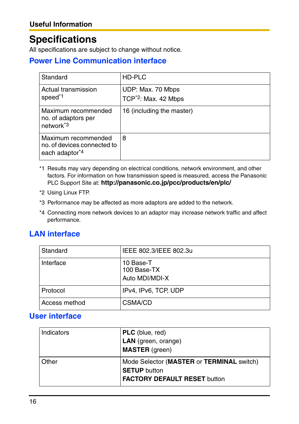 Specifications | Panasonic BL-PA100 User Manual | Page 16 / 20