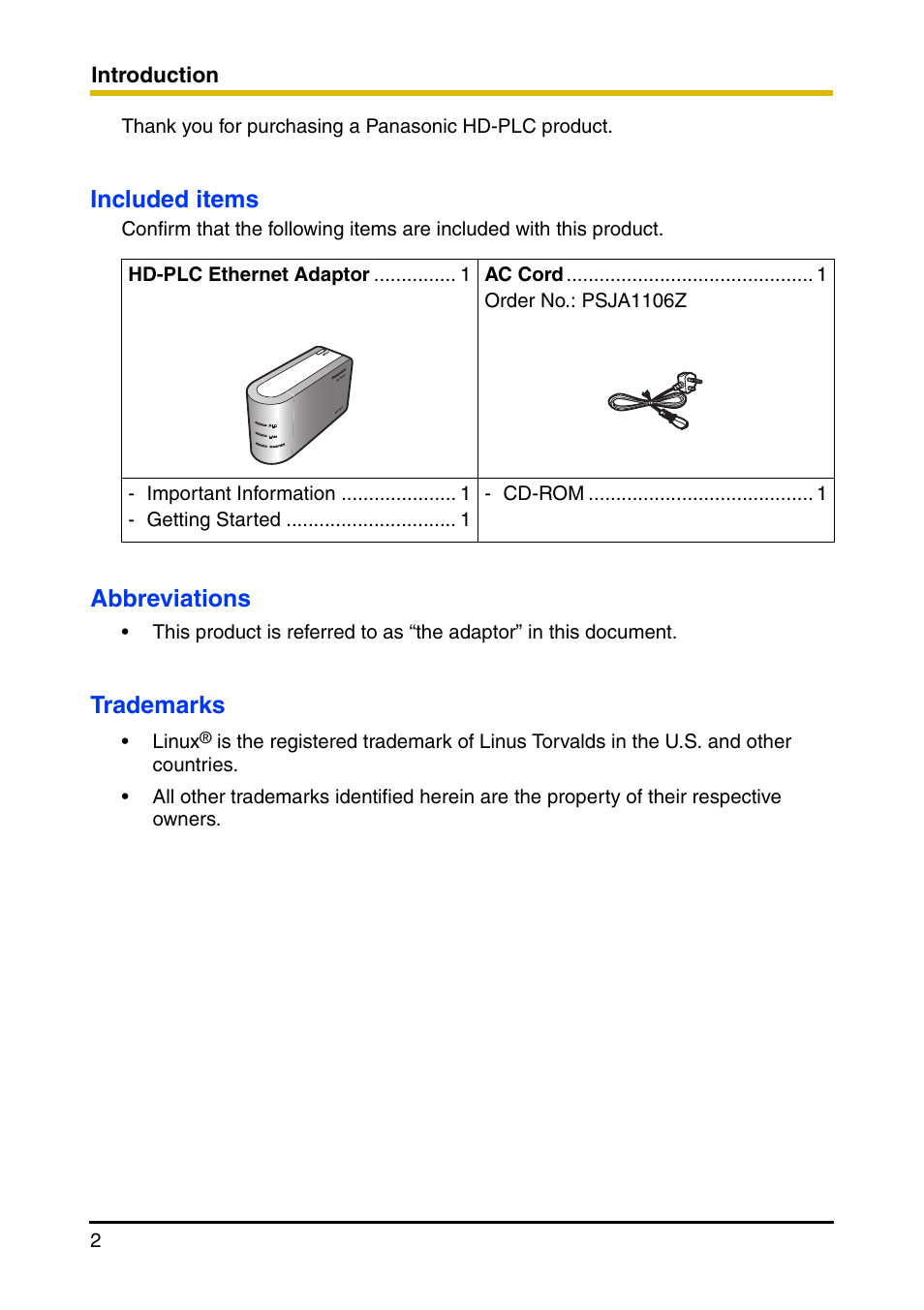 Introduction, Included items, Abbreviations | Trademarks | Panasonic BL-PA100 User Manual | Page 2 / 20