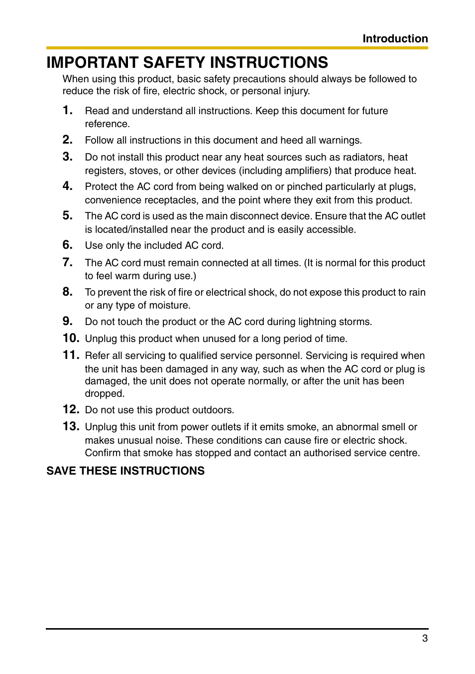 Important safety instructions | Panasonic BL-PA100 User Manual | Page 3 / 20