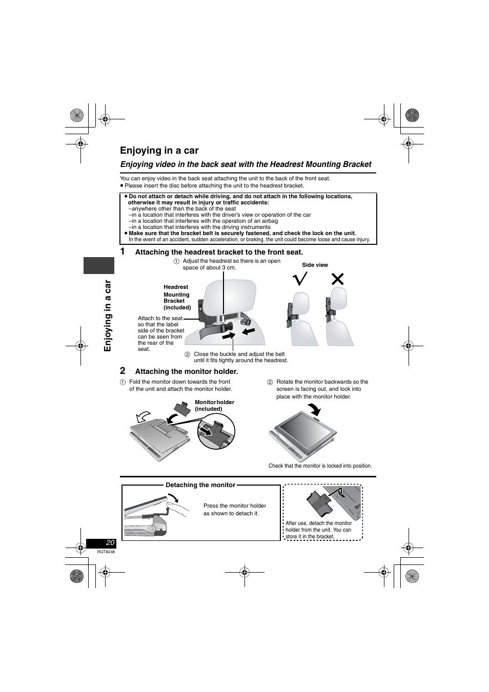 Enjoying in a car, 1 attaching the headrest bracket to the front seat, 2 attaching the monitor holder | Enj o y ing in a car | Panasonic DVD-LS91 User Manual | Page 20 / 32