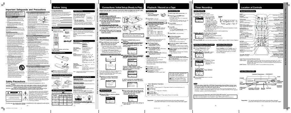 Important safeguards and precautions, Before using, Connections and initial setup (ready to play) | Playback / record on a tape, Timer recording, Location of controls, Connections / initial setup (ready to play), Safety precautions, Front view of the vcr, Lsqt0578b(basic operations) - back | Panasonic PV-V4612 User Manual | Page 2 / 4