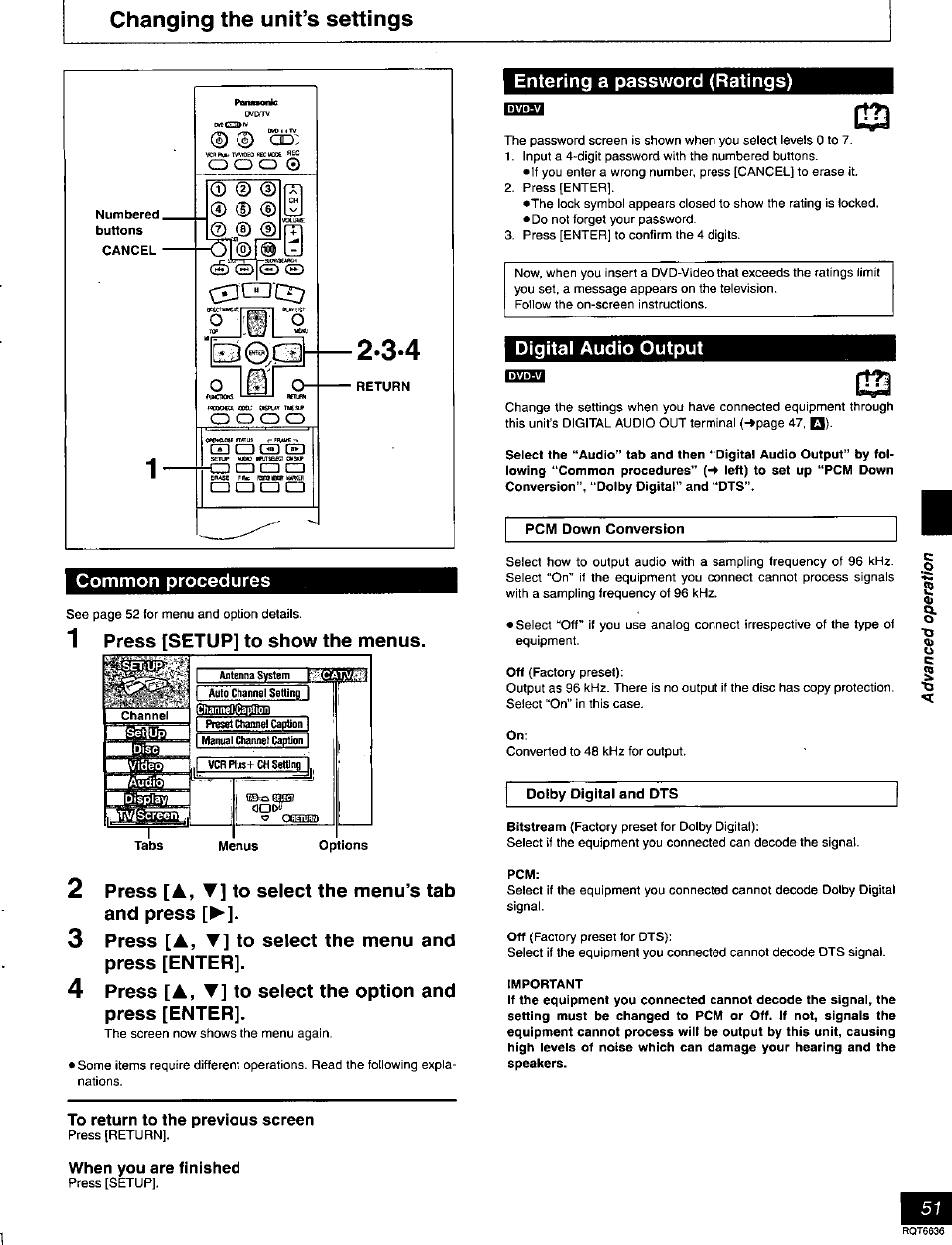 Changing the unit’s settings, Common procedures, 1 press [setup] to show the menus | Press [▲, t] to select the menu’s tab and press, Press [a, t] to select the menu and press [enter, Press [a, t] to select the option and press [enter, To return to the previous screen, When you are finished, Entering a password (ratings), Digital audio output | Panasonic DMR-T3030 User Manual | Page 51 / 64