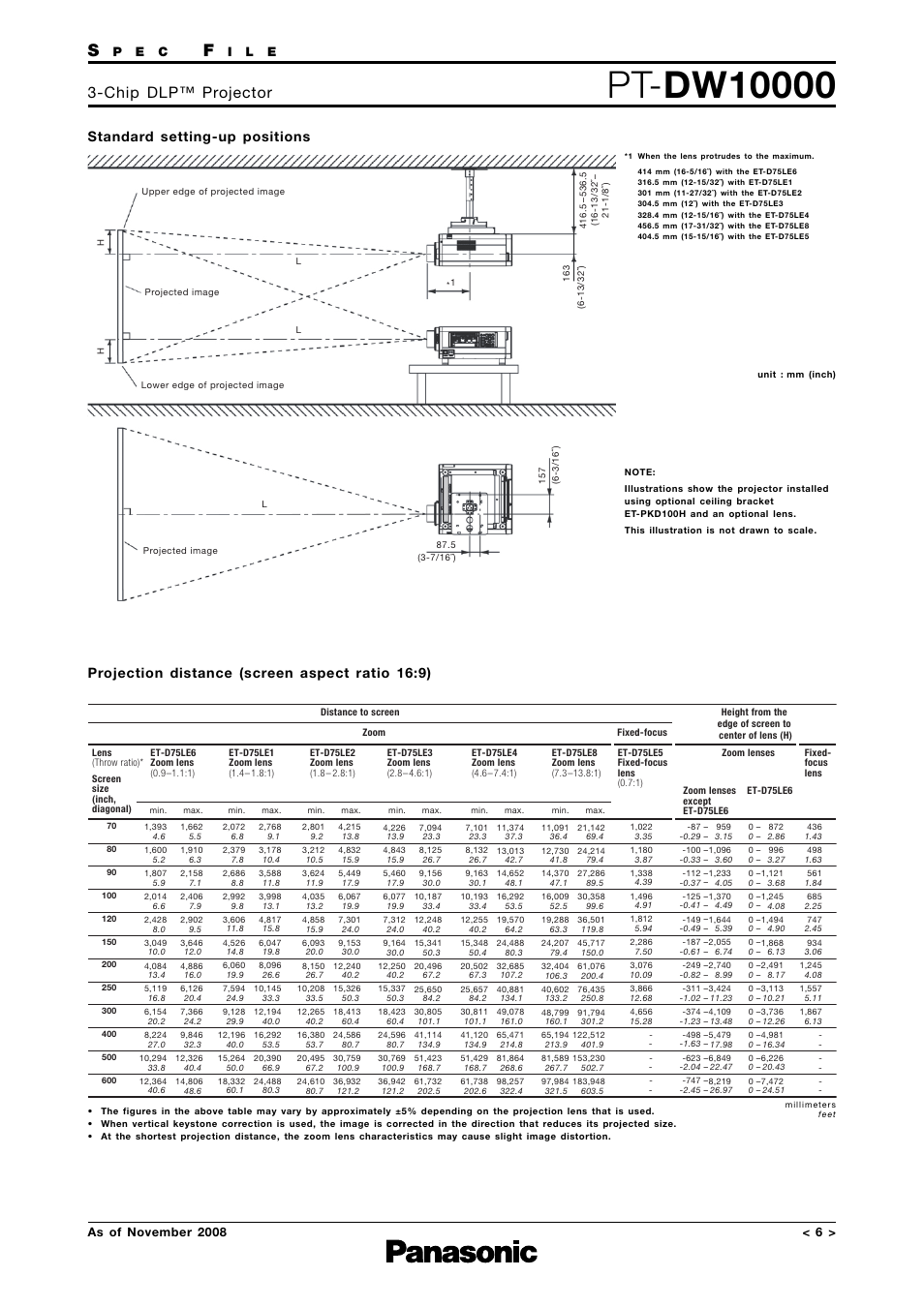 Setting-up positions, Projection distance, Chip dlp™ projector | Standard setting-up positions, Projection distance (screen aspect ratio 16:9), Pe c, Il e | Panasonic PT-DW10000 User Manual | Page 6 / 12