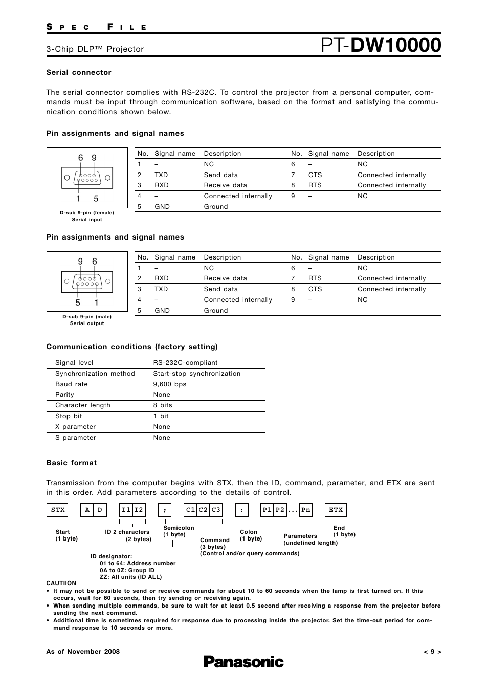 Serial connector, Pin assignments, Communication conditions | Basic format, Chip dlp™ projector | Panasonic PT-DW10000 User Manual | Page 9 / 12