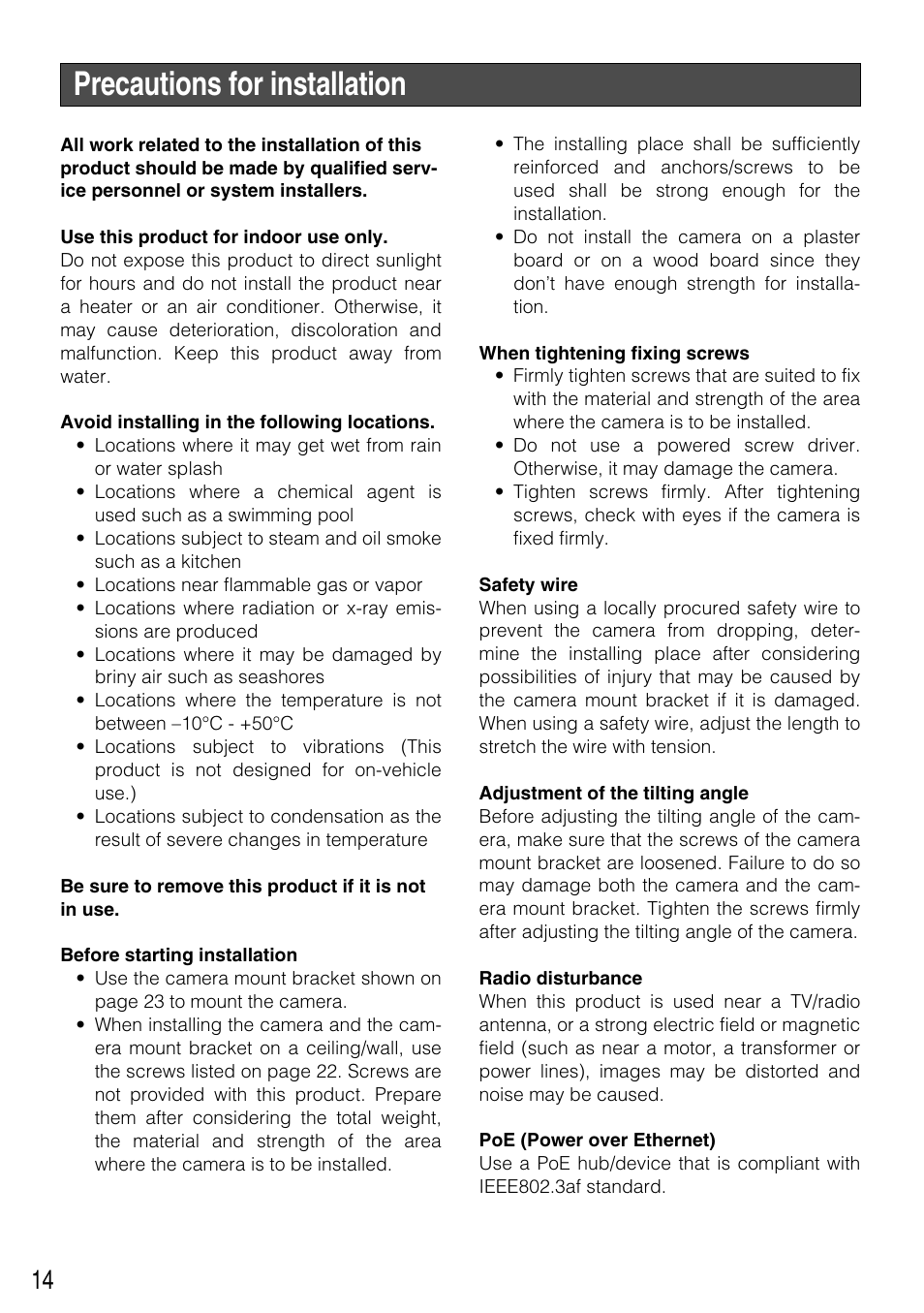 Precautions for installation | Panasonic WV-NP304 User Manual | Page 14 / 36
