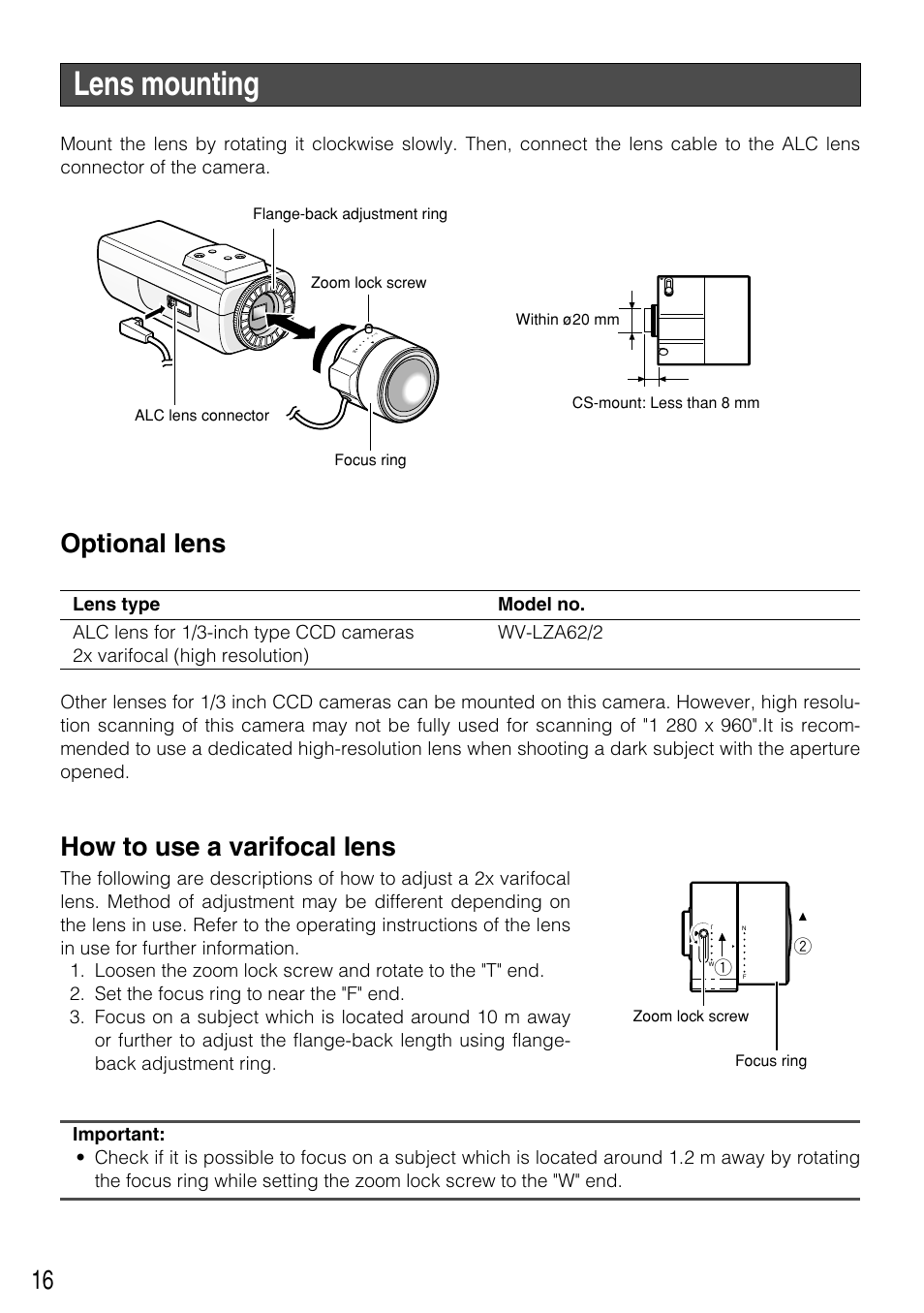 Lens mounting, Optional lens, How to use a varifocal lens | Panasonic WV-NP304 User Manual | Page 16 / 36