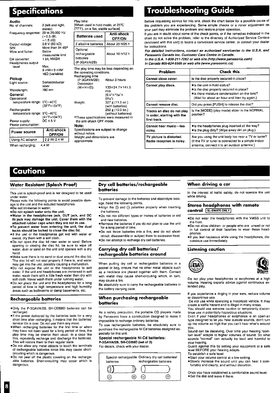 Specifications troubleshooting guide, Cautions, Water resistant (splash proof) | Rechargeable batteries, Dry cell batteries/rechargeable batteries, When purchasing rechargeable batteries, When driving a car, Stereo headphones with remote control, Listening caution | Panasonic SL-SW851C User Manual | Page 8 / 8
