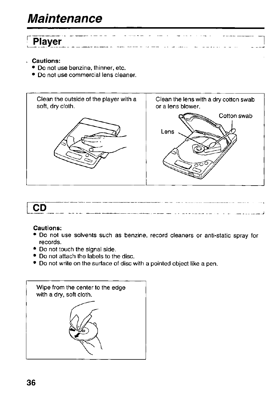 Maintenance, Player | Panasonic KXL-D742 User Manual | Page 36 / 40