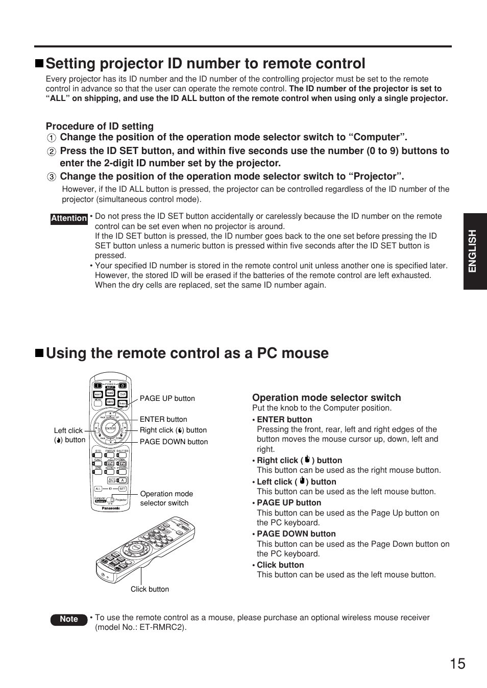 Using the remote control as a pc mouse, Setting projector id number to remote control | Panasonic PT-D5500EL User Manual | Page 15 / 60