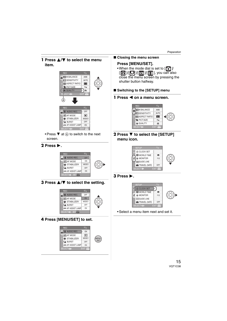 1 press 3 / 4 to select the menu item, Press [menu/set, Press 4 at a to switch to the next screen | Closing the menu screen, Select a menu item next and set it | Panasonic DMC-FX30 User Manual | Page 15 / 112