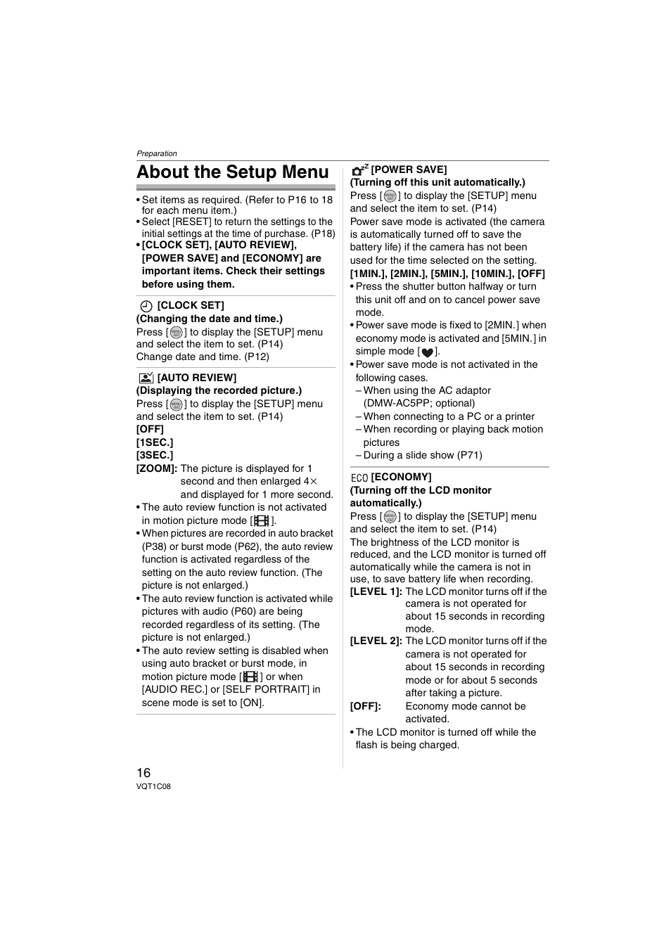 About the setup menu | Panasonic DMC-FX30 User Manual | Page 16 / 112