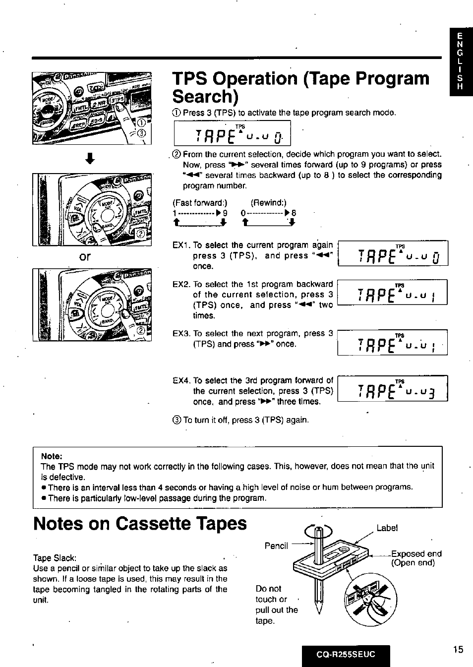 Tps operation (tape program search), U. u, Notes on cassette tapes | J rp e, Tape, Tppe, Tflpf‘u.ui, 7rpe | Panasonic CQR255SEUC User Manual | Page 15 / 80