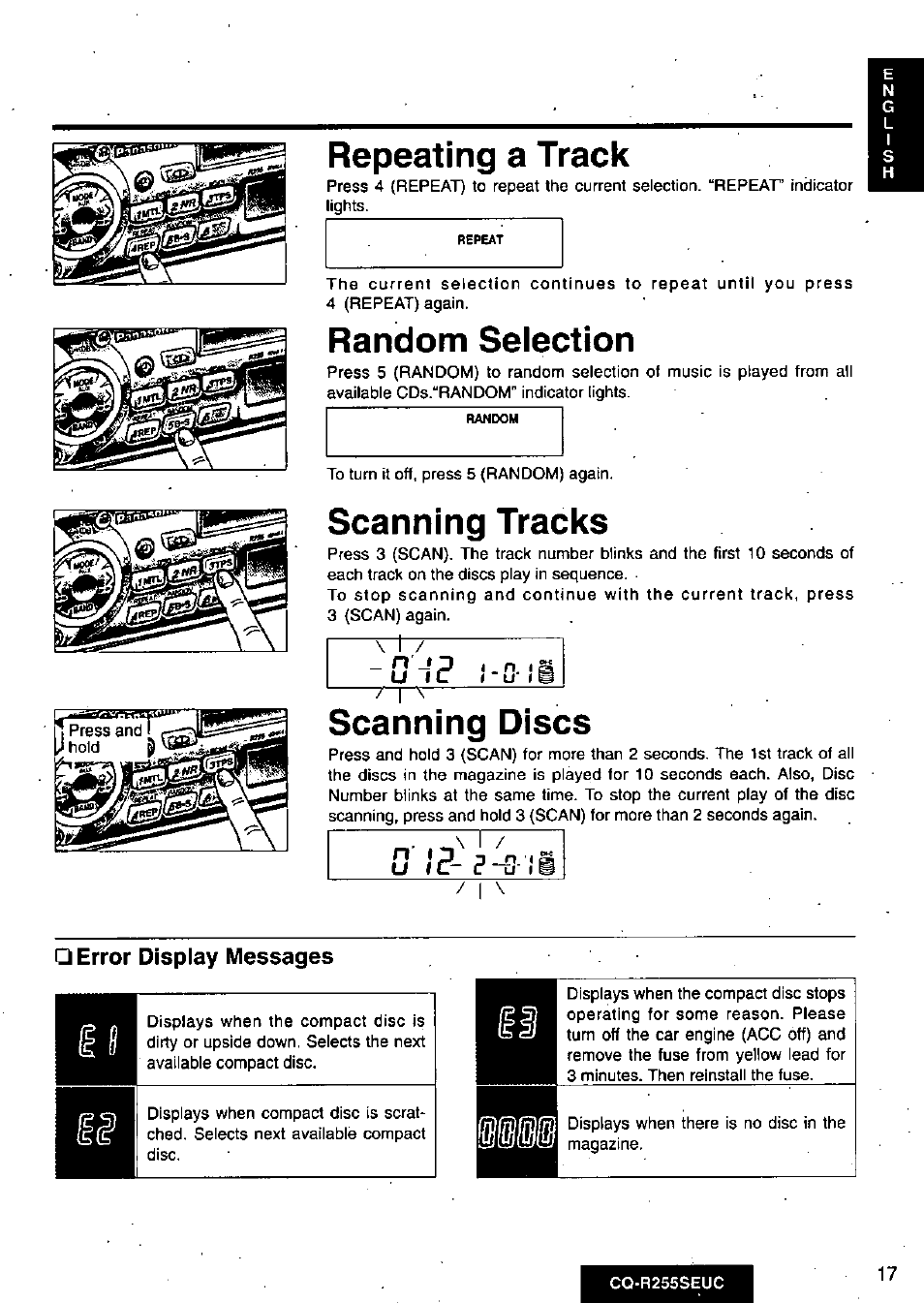 Repeating a track, Random selection, Scanning tracks | Scanning discs, 0 i p, Error display messages | Panasonic CQR255SEUC User Manual | Page 17 / 80