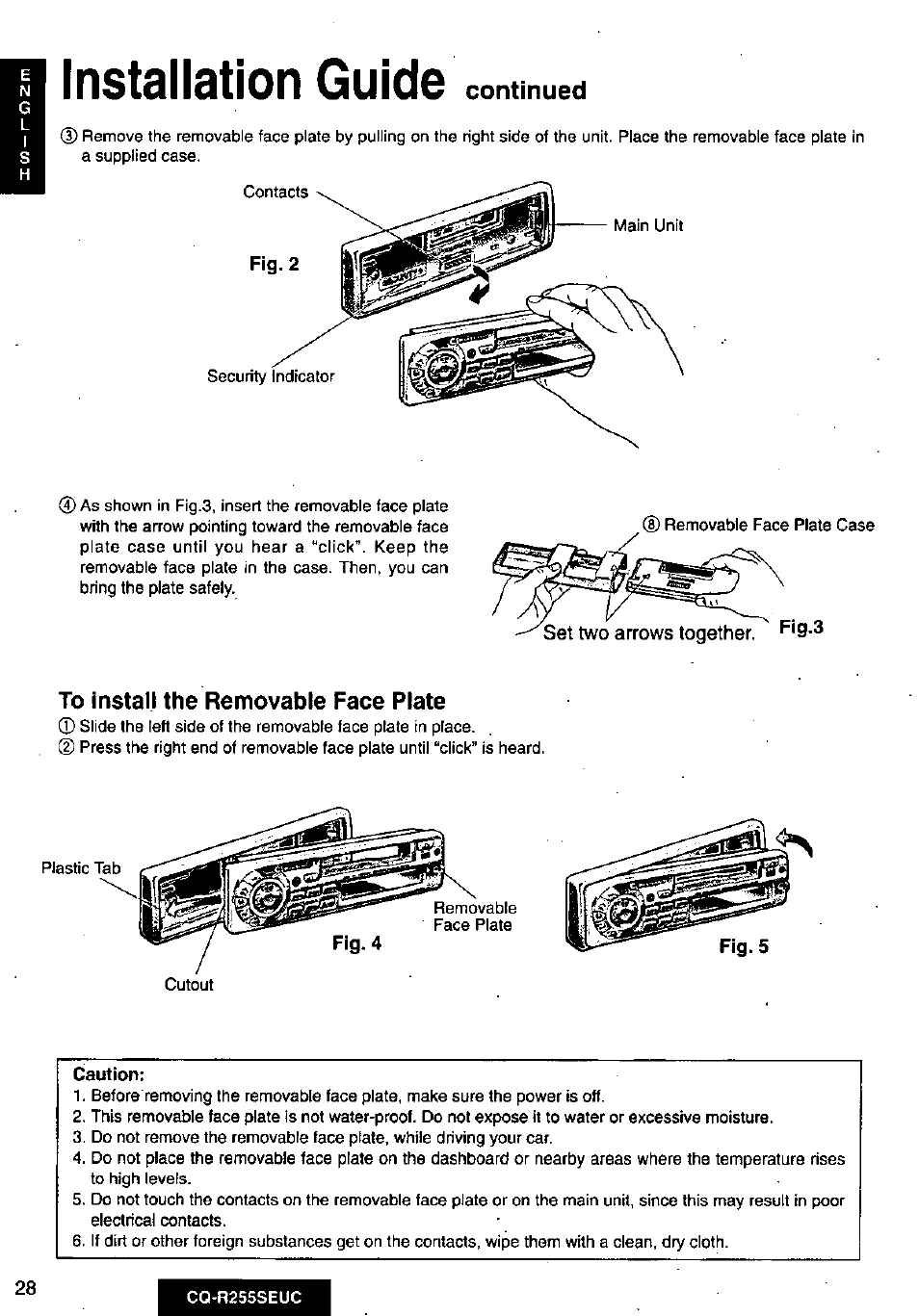 Installation guide, Caution, Continued | Panasonic CQR255SEUC User Manual | Page 28 / 80
