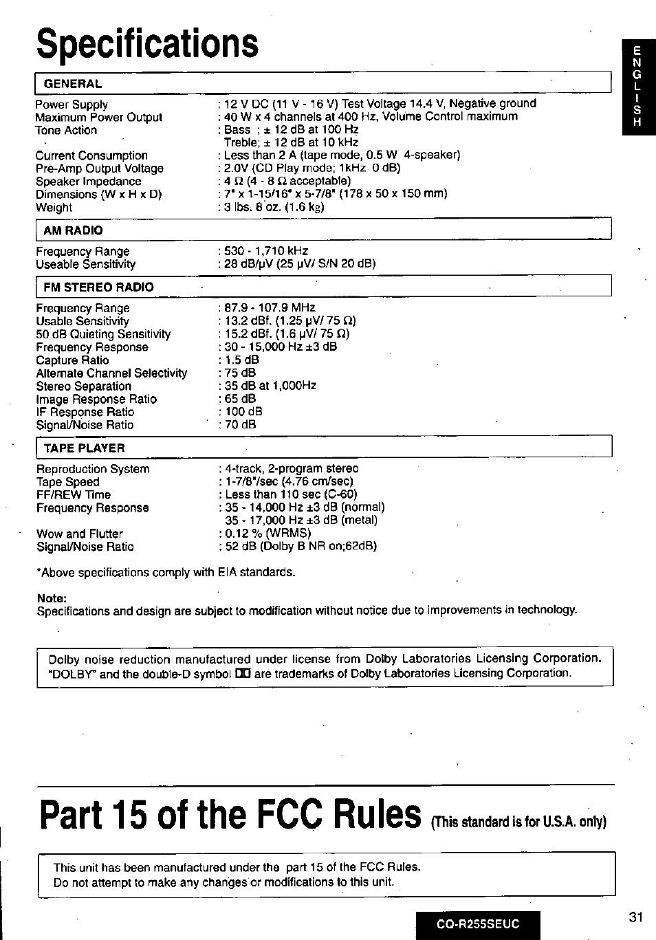Part 15 of the fcc rules | Panasonic CQR255SEUC User Manual | Page 31 / 80