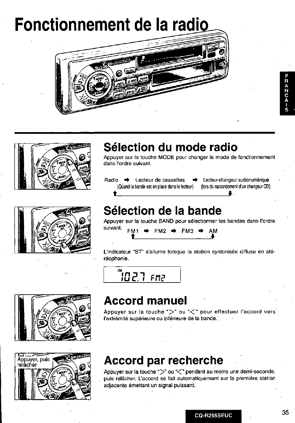 Sélection du mode radio, Sélection de la bande, Accord manuel | Accord par recherche, Fonctionnement de la radio | Panasonic CQR255SEUC User Manual | Page 35 / 80