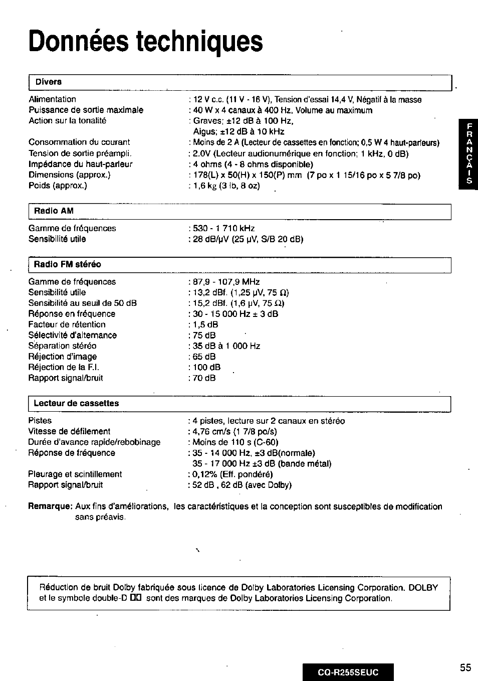 Données techniques | Panasonic CQR255SEUC User Manual | Page 55 / 80