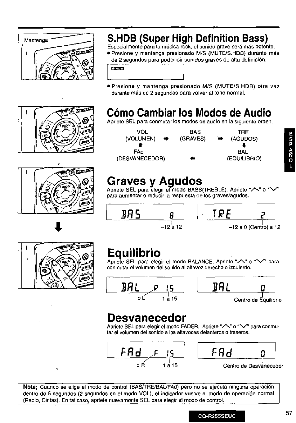 Cómo cambiar los modos de audio, Graves y agudos, Equilibrio | Desvanecedor, S.hdb (super high definition bass), 3 r 5, J p e | Panasonic CQR255SEUC User Manual | Page 57 / 80