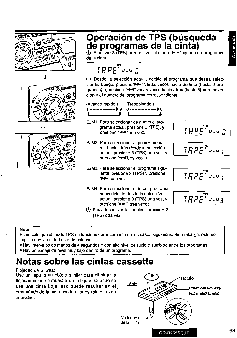 T * t, Notas sobre las cintas cassette, Я р е | Т я р е, Т я р, 7 я р е, T________* t, Clbd | Panasonic CQR255SEUC User Manual | Page 63 / 80