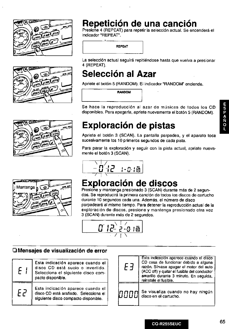 Repetición de una canción, Selección al azar, Exploración de pistas | И íc, Exploración de discos, Mensajes de visualización de error, И ip, P~€ !i, N _i t | Panasonic CQR255SEUC User Manual | Page 65 / 80