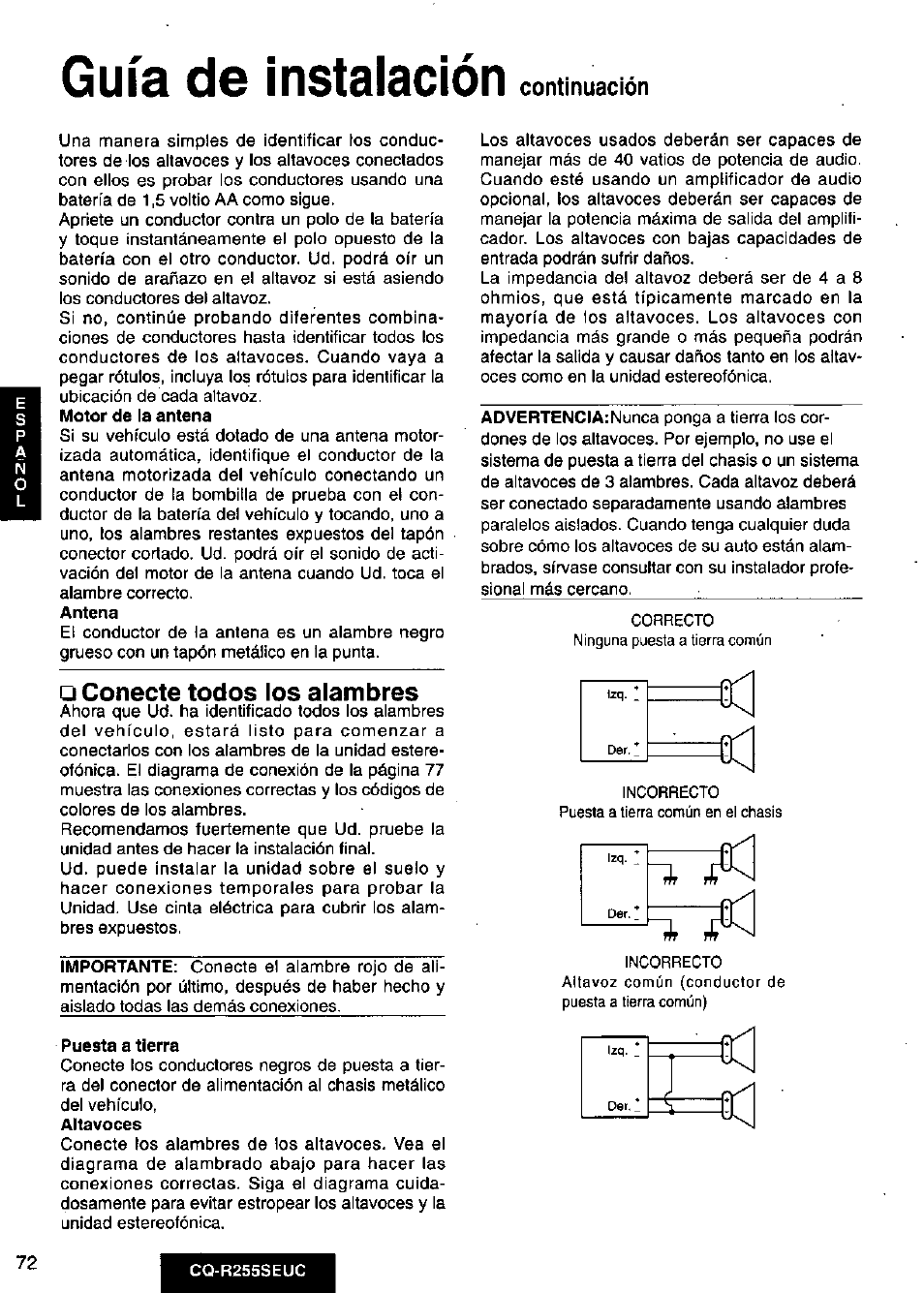 Conecte todos los alambres, Puesta a tierra, Guía de instalación | Continuación | Panasonic CQR255SEUC User Manual | Page 72 / 80