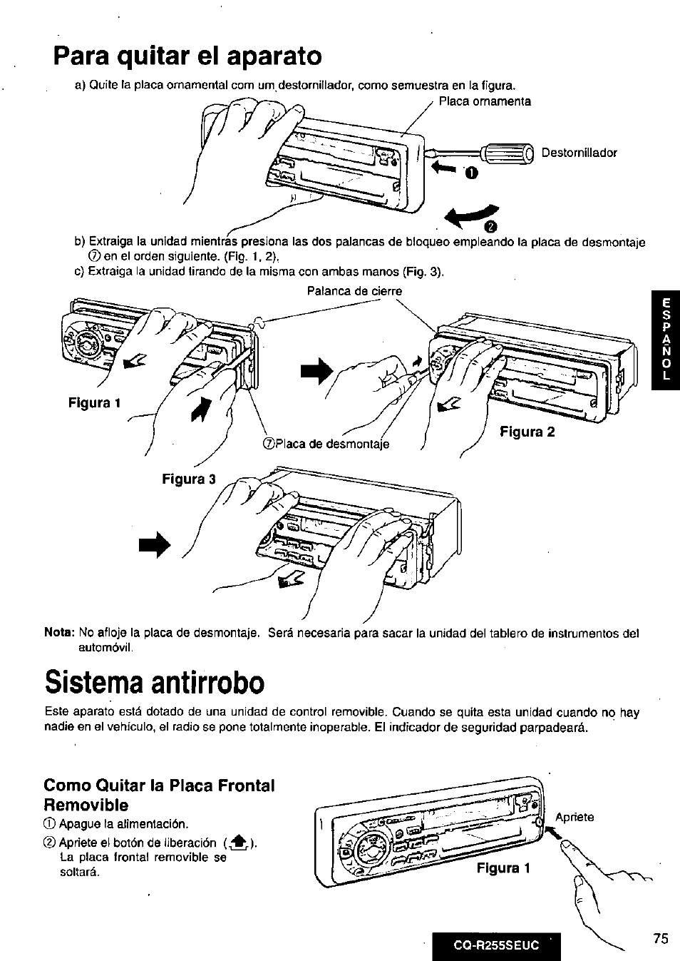 Sistema antirrobo, Para quitar el aparato | Panasonic CQR255SEUC User Manual | Page 75 / 80
