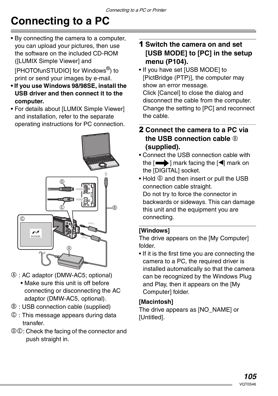 Connecting to a pc | Panasonic DMC-LX1GN User Manual | Page 105 / 128