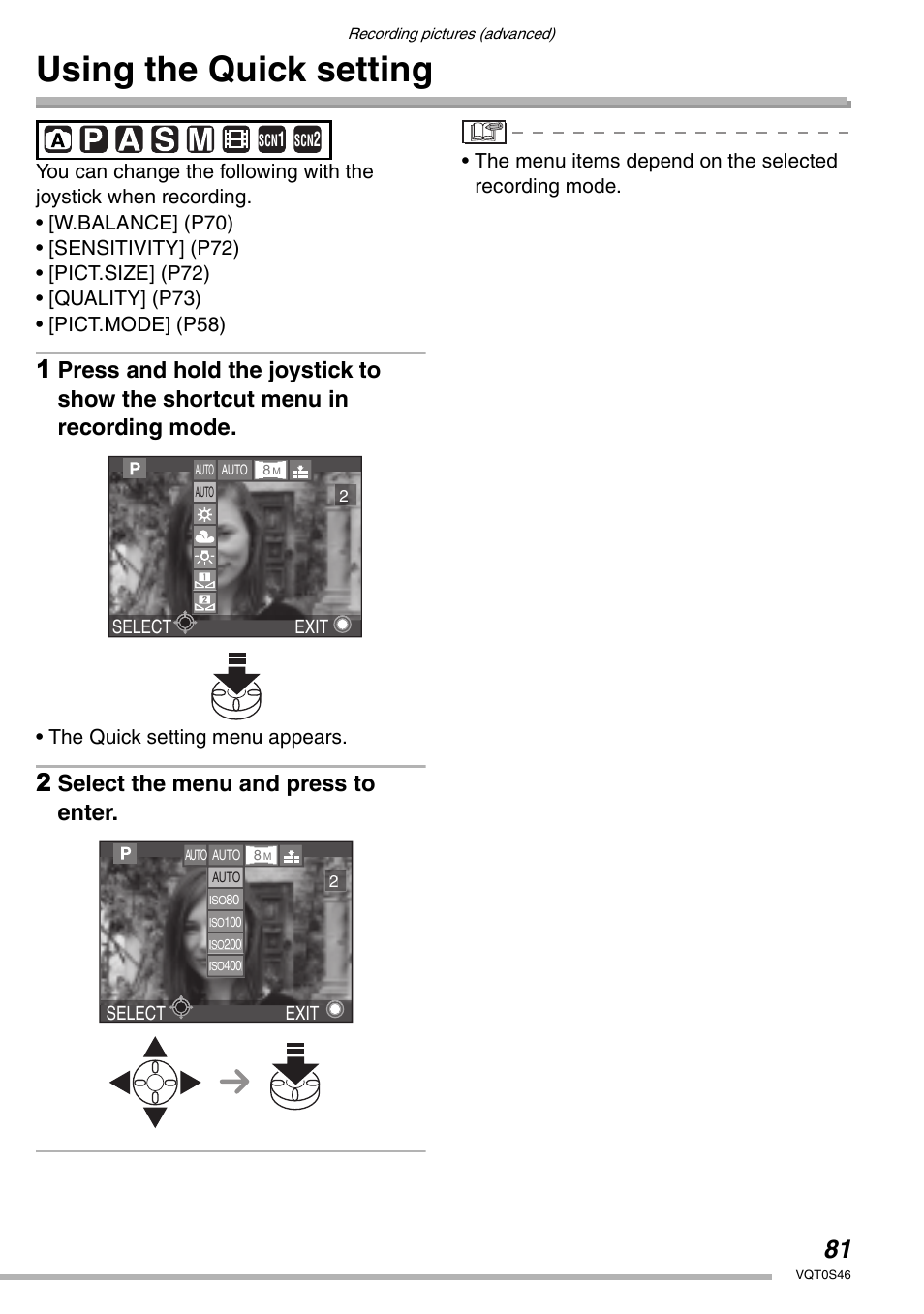 Using the quick setting, Select the menu and press to enter | Panasonic DMC-LX1GN User Manual | Page 81 / 128