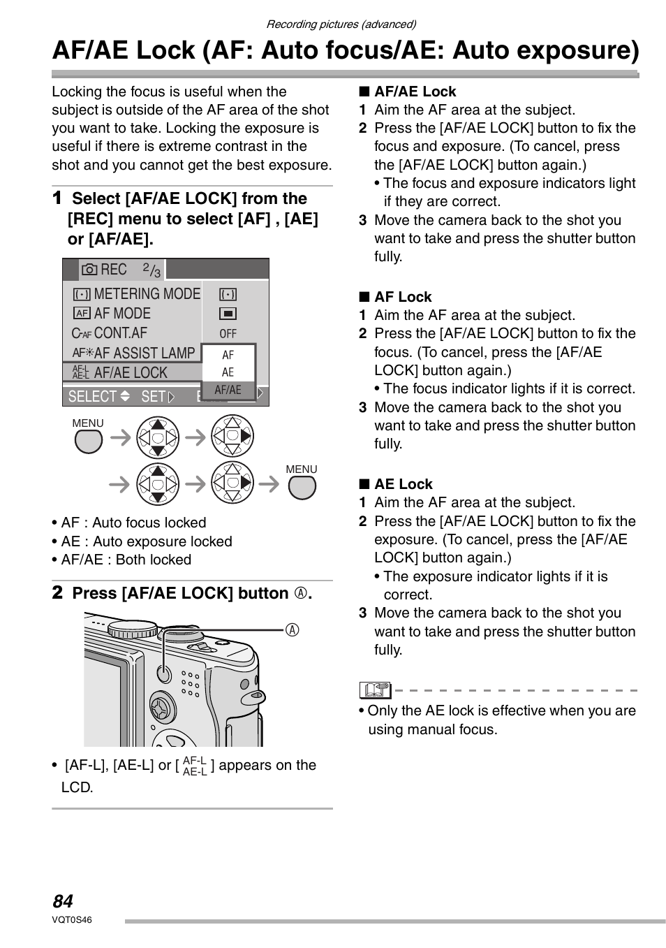Af/ae lock (af: auto focus/ae: auto exposure) | Panasonic DMC-LX1GN User Manual | Page 84 / 128