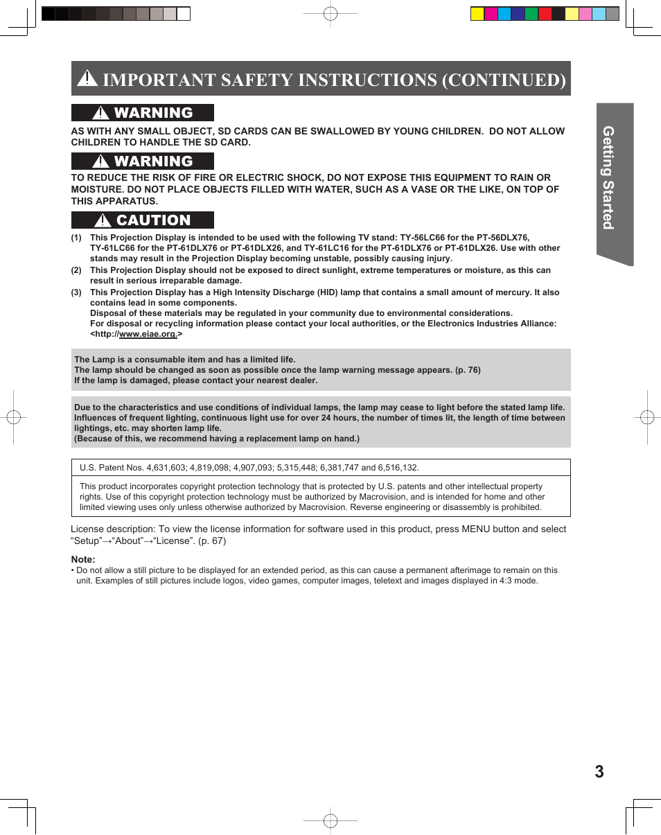 Important safety instructions (continued), Getting start ed, Warning | Warning caution | Panasonic PT 56DLX76 User Manual | Page 3 / 92