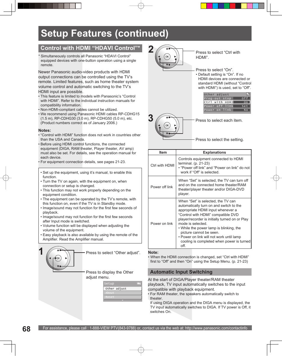 Setup features (continued), Control with hdmi “hdavi control | Panasonic PT 56DLX76 User Manual | Page 68 / 92