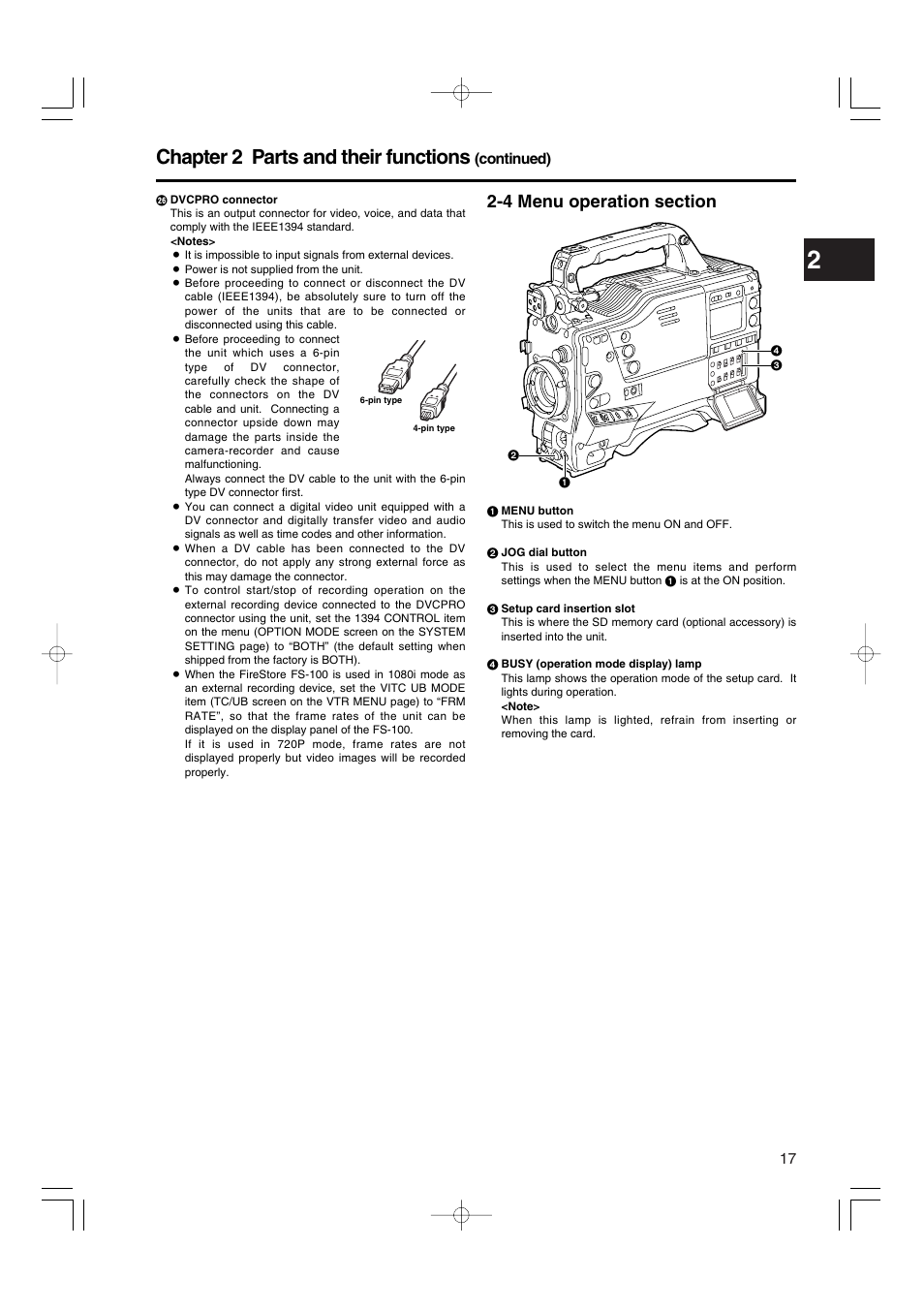 4 menu operation section, Chapter 2 parts and their functions | Panasonic AJ-HDX900E User Manual | Page 17 / 134
