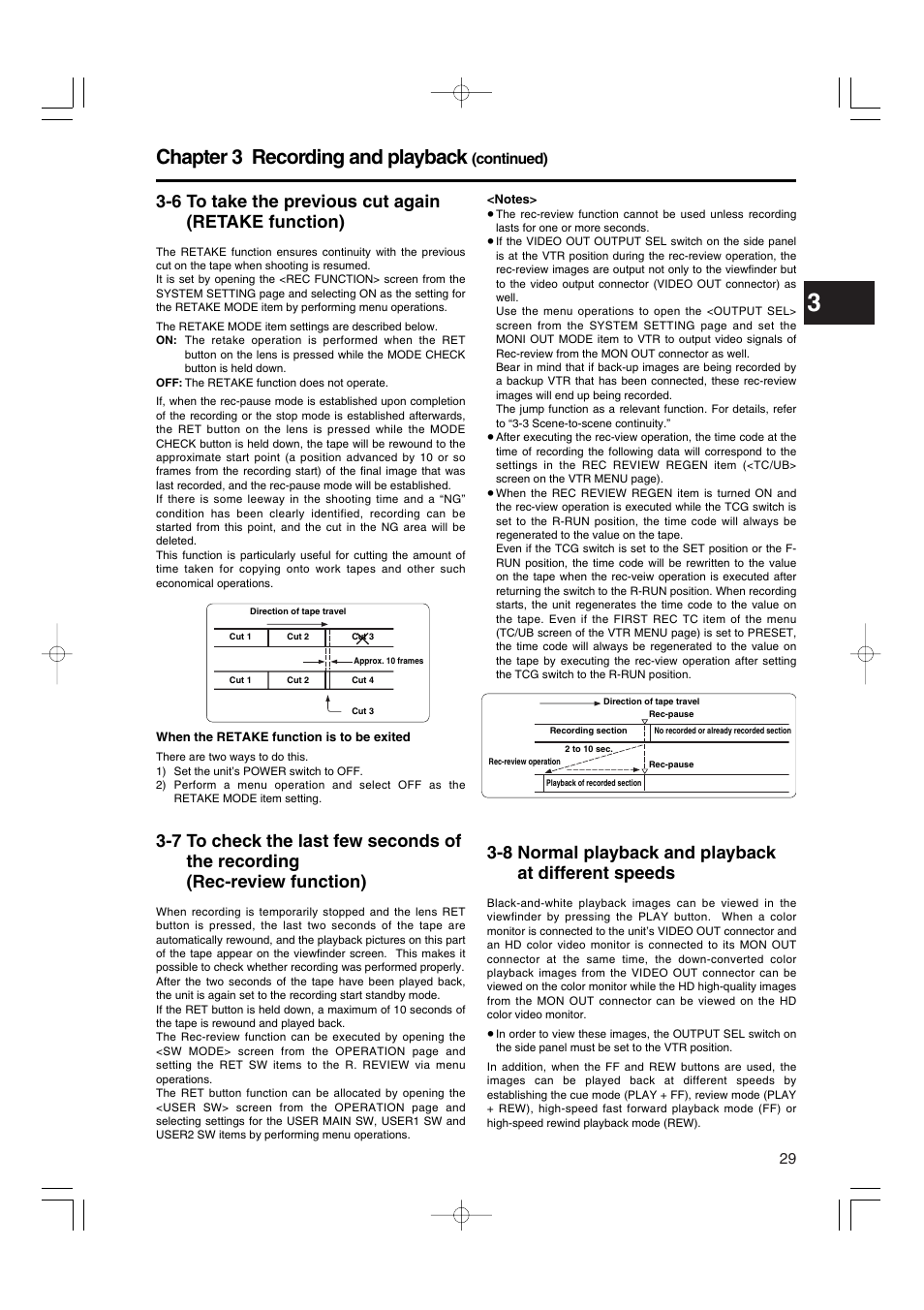 6 to take the previous cut again (retake function), 8 normal playback and playback at different speeds, 6 to take the previous cut again | Retake function), 7 to check the last few seconds of the, Recording (rec-review function), 8 normal playback and playback at different, Speeds, Chapter 3 recording and playback | Panasonic AJ-HDX900E User Manual | Page 29 / 134