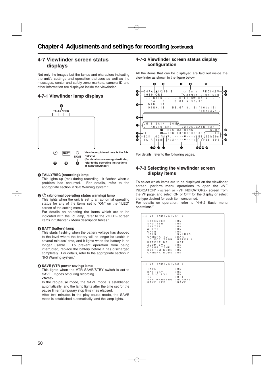 7 viewfinder screen status displays, 7-1 viewfinder lamp displays, 7-2 viewfinder screen status display configuration | 7-3 selecting the viewfinder screen display items, Viewfinder lamp displays, Viewfinder screen status display configuration, Selecting the viewfinder screen display items, Chapter 4 adjustments and settings for recording, Continued) | Panasonic AJ-HDX900E User Manual | Page 50 / 134